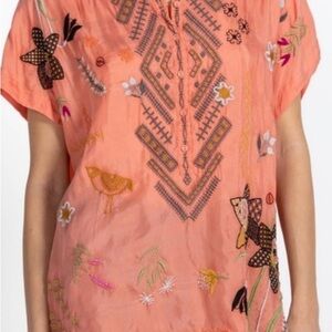 Johnny Was Orange Cap Sleeve Boxy Blouse with Embellishments